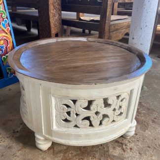 carving white coffee table with dark natural top
